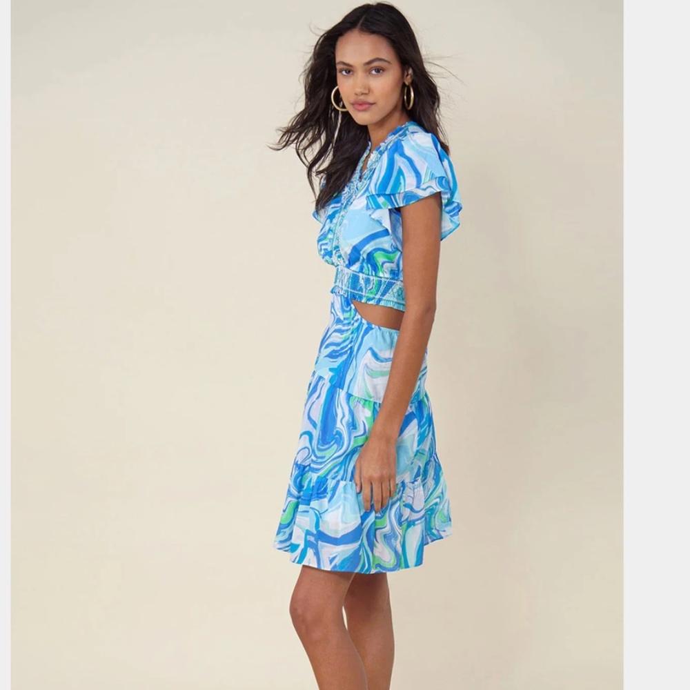 Hale Bob Mini Dress Womens Size S Blue Floral Cutout Marble V- Neck Vacation